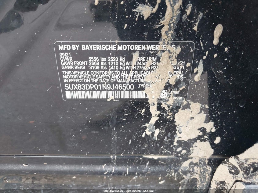 2022 BMW X3 VIN 5UX83DP01N9J46500 IAAI salvage auction — WATER/FLOOD, Salvage (Texas), sold $20,000 on 2026-07-15 (photo 9)