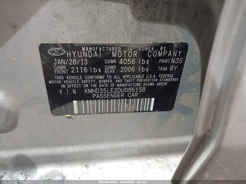 2013 Hyundai Elantra VIN KMHD35LE2DU086158 IAAI salvage auction — FRONT & REAR, Salvage (Alabama), sold $225 on 2026-07-08 (photo 9)