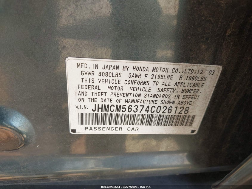 2004 Honda Accord VIN JHMCM56374C026128 IAAI salvage auction — NORMAL WEAR, Clear - Dealer Only (California), sold $375 on 2026-07-08 (photo 9)