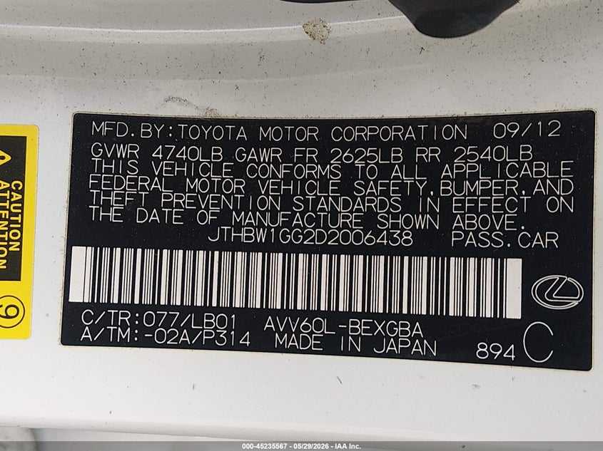 2013 Lexus ES VIN JTHBW1GG2D2006438 IAAI salvage auction — FRONT END, Salvage Title, sold $3,550 on 2026-07-10 (photo 9)