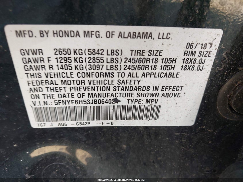2018 Honda Pilot VIN 5FNYF6H53JB064024 IAAI salvage auction — LEFT SIDE, Salvage (Virginia), sold $4,500 on 2026-08-03 (photo 9)