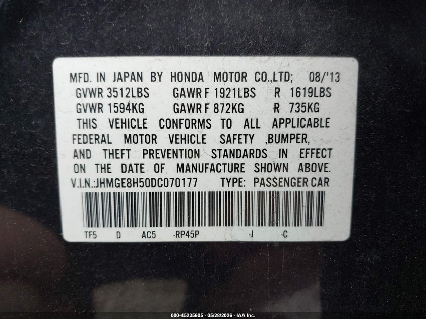 2013 Honda Fit VIN JHMGE8H50DC070177 IAAI salvage auction — FRONT END, Salvage Title, sold $2,100 on 2026-07-15 (photo 9)