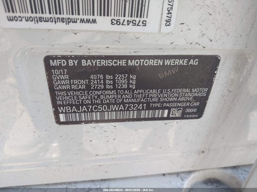 2018 BMW 5er VIN WBAJA7C50JWA73241 IAAI salvage auction — FRONT END, Mv-907A (New York), sold $7,525 on 2026-07-07 (photo 9)