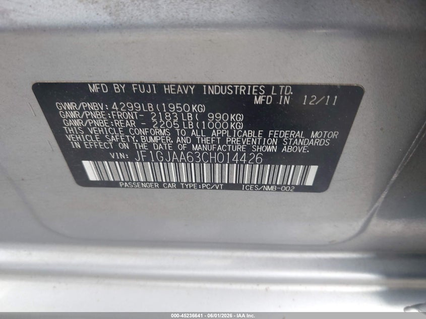 2012 Subaru Impreza VIN JF1GJAA63CH014426 IAAI salvage auction — FRONT END, Salvage Title, sold $325 on 2026-07-07 (photo 9)