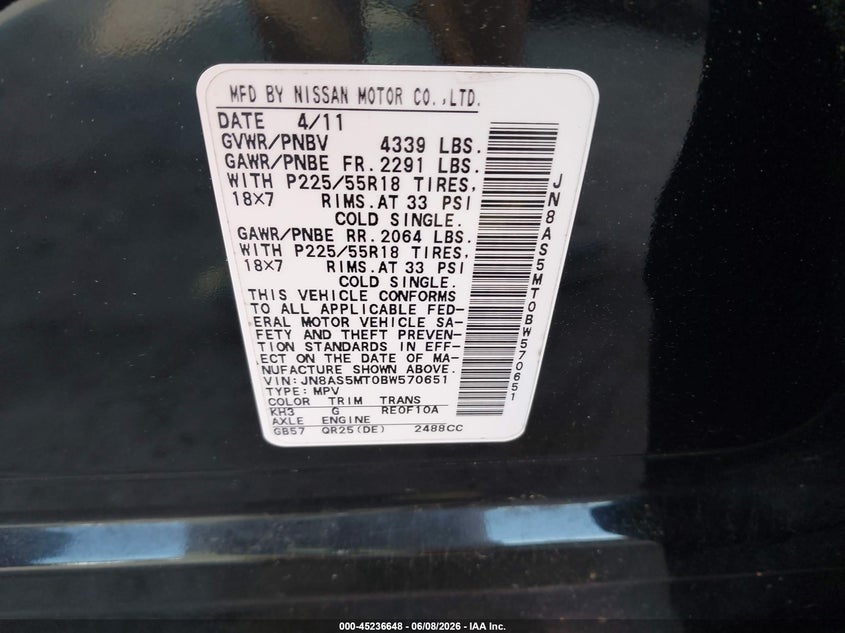 2011 Nissan Rogue VIN JN8AS5MT0BW570651 IAAI salvage auction — FRONT END, Clear (Virginia), sold $25 on 2026-07-10 (photo 9)