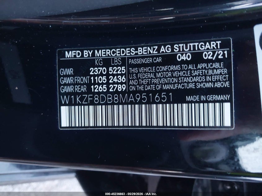 2021 Mercedes-benz E-klasse VIN W1KZF8DB8MA951651 IAAI salvage auction — FRONT END, Salvage (Louisiana), sold $8,300 on 2026-07-25 (photo 9)