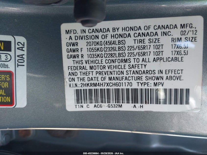 2012 Honda Cr-v VIN 2HKRM4H7XCH601170 IAAI salvage auction — LEFT FRONT, Salvage Title, sold $2,200 on 2026-07-23 (photo 9)
