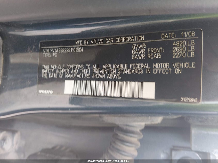 2009 Volvo S80 VIN YV1AS982291101504 IAAI salvage auction — FRONT END, Salvage (Idaho), sold $200 on 2026-07-06 (photo 9)