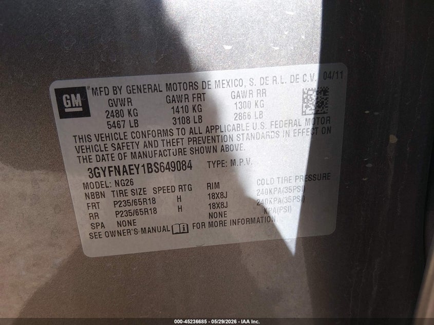2011 Cadillac Srx VIN 3GYFNAEY1BS649084 IAAI salvage auction — REAR END, Salvage (Arizona), sold $1,625 on 2026-07-09 (photo 9)
