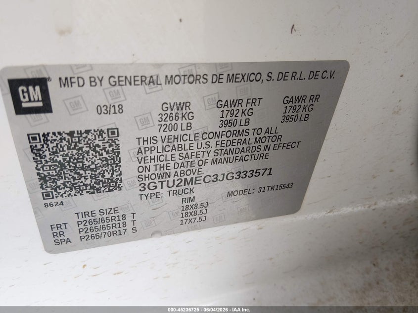 2018 Gmc SIERRA VIN 3GTU2MEC3JG333571 IAAI salvage auction — FRONT END, Salvage Title, sold $6,150 on 2026-07-10 (photo 9)