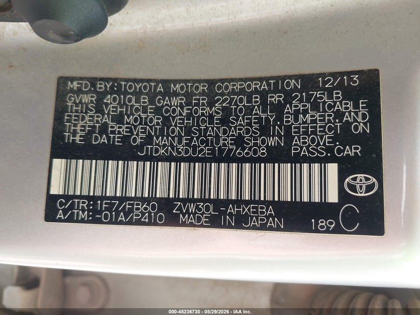 2014 Toyota Prius VIN JTDKN3DU2E1776608 IAAI salvage auction — NORMAL WEAR, Salvage Title, sold $1,100 on 2026-07-15 (photo 9)