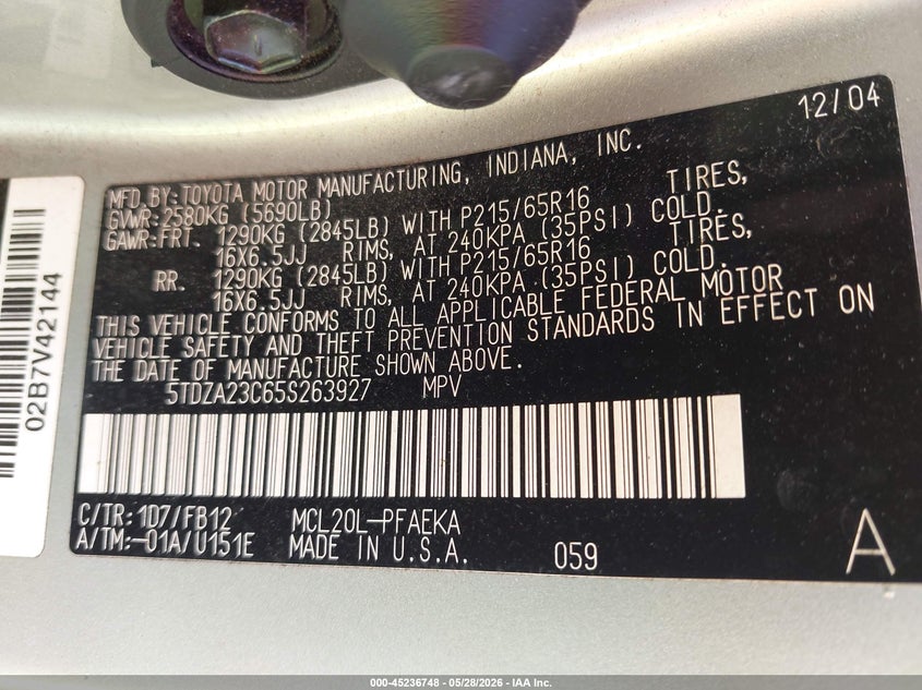 2005 Toyota Sienna VIN 5TDZA23C65S263927 IAAI salvage auction — NORMAL WEAR, Clear (Maryland), sold $500 on 2026-07-08 (photo 9)