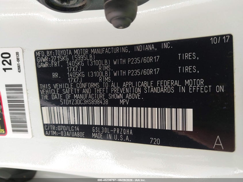 2017 Toyota Sienna VIN 5TDYZ3DC3HS898438 IAAI salvage auction — FRONT END, Salvage Title, sold $6,500 on 2026-07-07 (photo 9)