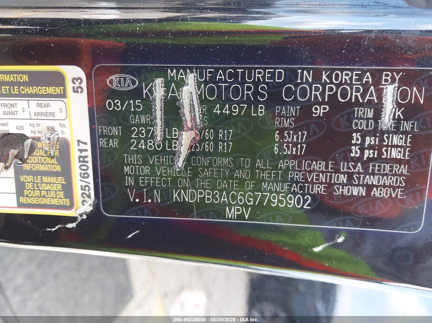2016 Kia Sportage VIN KNDPB3AC6G7795902 IAAI salvage auction — NORMAL WEAR, Salvage Title - Dealer (California), sold $1,350 on 2026-07-28 (photo 9)