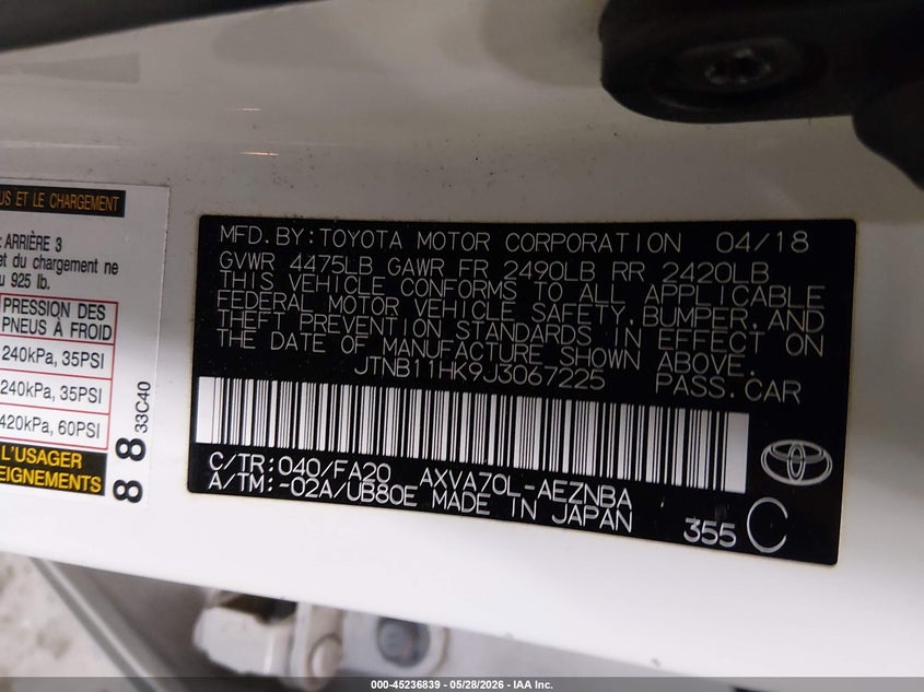 2018 Toyota Camry VIN JTNB11HK9J3067225 IAAI salvage auction — FRONT & REAR, Salvage Title, sold $4,500 on 2026-07-21 (photo 9)
