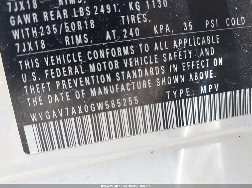 2016 Volkswagen Tiguan VIN WVGAV7AX0GW585255 IAAI salvage auction — LEFT SIDE, Salvage Title, sold $1,225 on 2026-07-21 (photo 9)