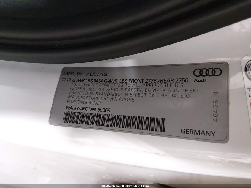 2018 Audi A6 VIN WAUH3AFC1JN060369 IAAI salvage auction — UNDERCARRIAGE, Salvage Title, sold $5,550 on 2026-07-31 (photo 9)