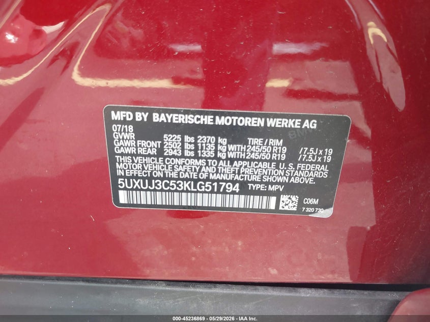 2019 BMW X4 VIN 5UXUJ3C53KLG51794 IAAI salvage auction — FRONT END, Rebuildable (Florida), sold $10,225 on 2026-07-30 (photo 9)