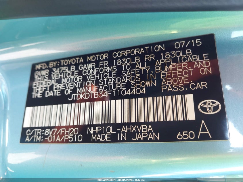 2015 Toyota Prius c VIN JTDKDTB34F1104404 IAAI salvage auction — FRONT END, Salvage (California), sold $1,150 on 2026-07-28 (photo 9)
