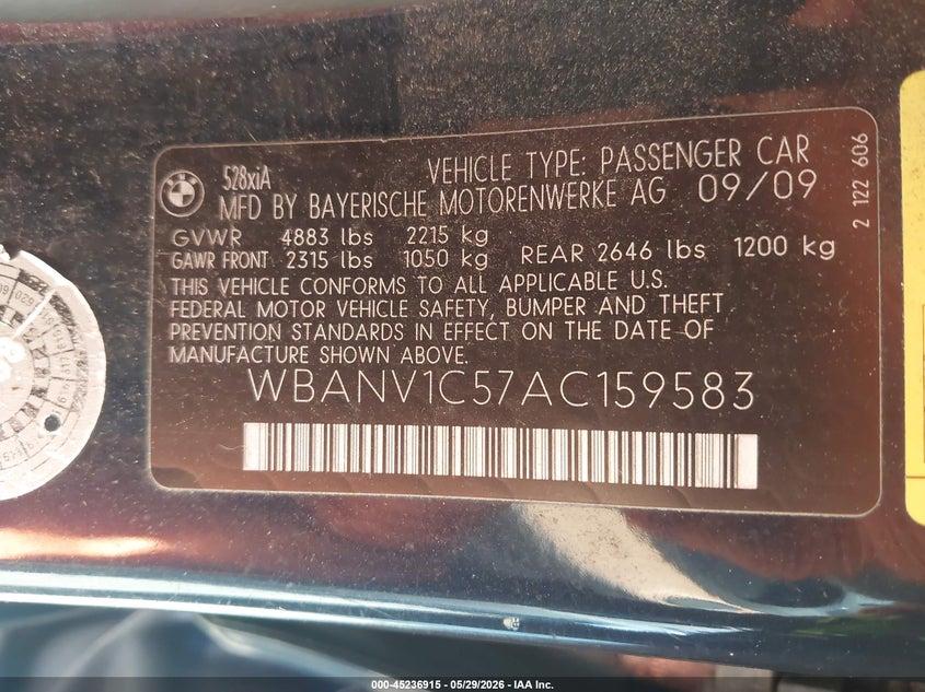 2010 BMW 5er VIN WBANV1C57AC159583 IAAI salvage auction — FRONT END, Salvage (Pennsylvania), sold $25 on 2026-07-24 (photo 9)