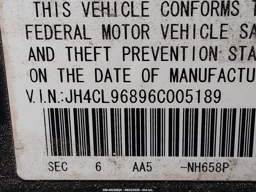 2006 Acura Tsx VIN JH4CL96896C005189 IAAI salvage auction — REAR END, Clear (Massachusetts), sold $275 on 2026-07-21 (photo 9)