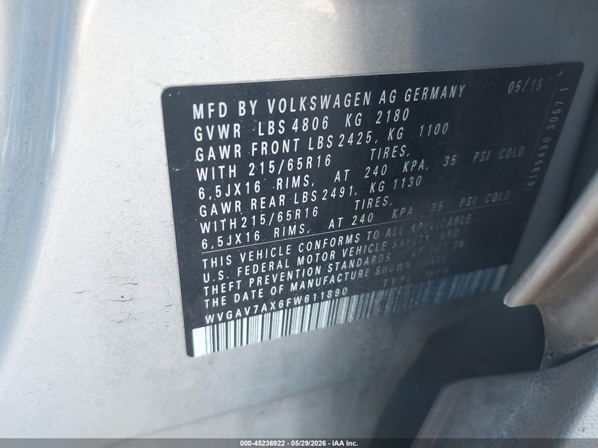 2015 Volkswagen Tiguan VIN WVGAV7AX6FW611890 IAAI salvage auction — REAR END, Clear (Virginia), sold $725 on 2026-07-28 (photo 9)