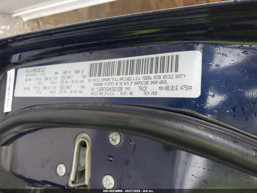 2019 Ram 1500 VIN 1C6RR7KGXKS521838 IAAI salvage auction — NORMAL WEAR, Sf97 (Maryland), sold $6,600 on 2026-07-21 (photo 9)