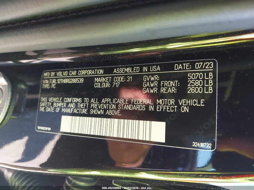 2024 Volvo S60 VIN 7JRL12TH8RG288539 IAAI salvage auction — FRONT END, Salvage Title, sold $11,350 on 2026-08-18 (photo 9)