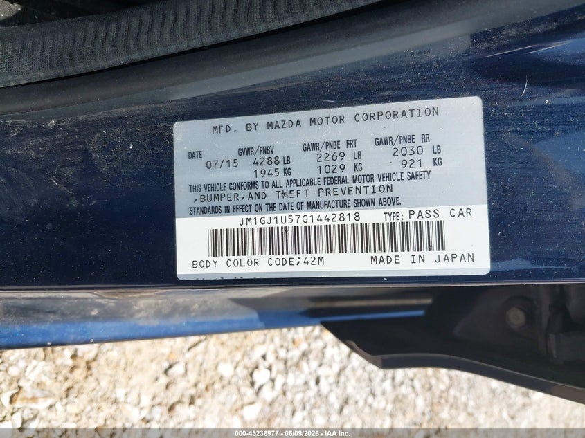 2016 Mazda 6 VIN JM1GJ1U57G1442818 IAAI salvage auction — HAIL, Salvage Title, sold $2,500 on 2026-07-06 (photo 9)