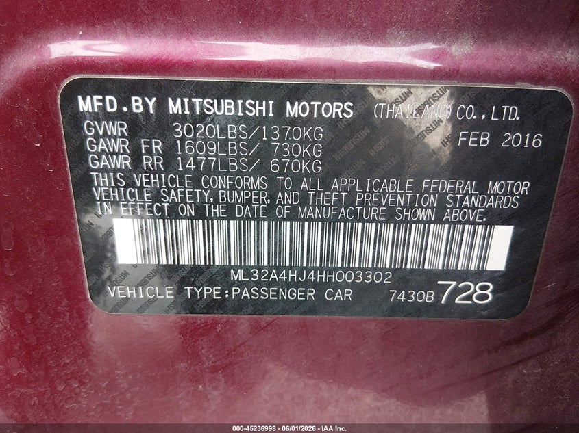 2017 Mitsubishi Mirage VIN ML32A4HJ4HH003302 IAAI salvage auction — SIDE, Salvage Title, sold $625 on 2026-07-17 (photo 9)