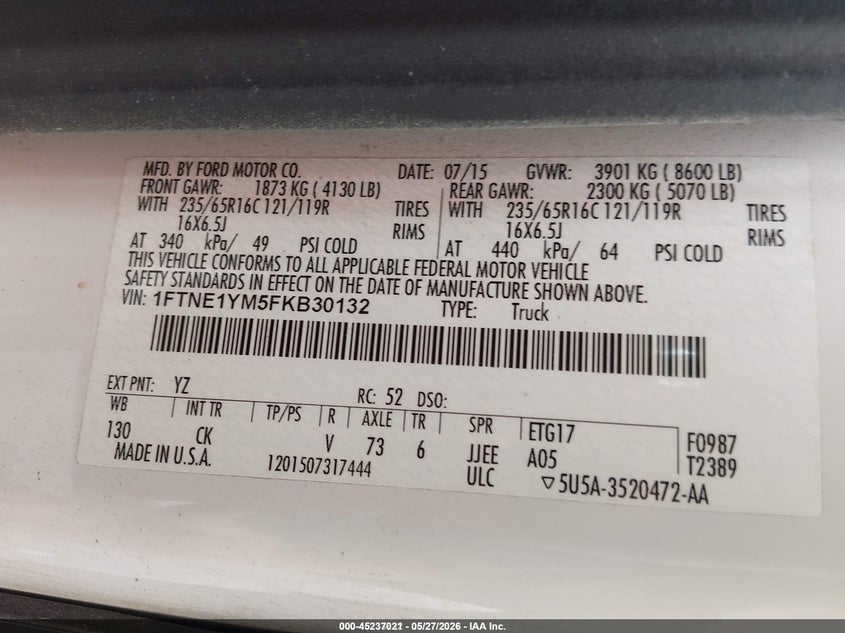 2015 Ford Transit 150 VIN 1FTNE1YM5FKB30132 IAAI salvage auction — ROOF, Sf97 (Alabama), sold $10,125 on 2026-08-13 (photo 9)