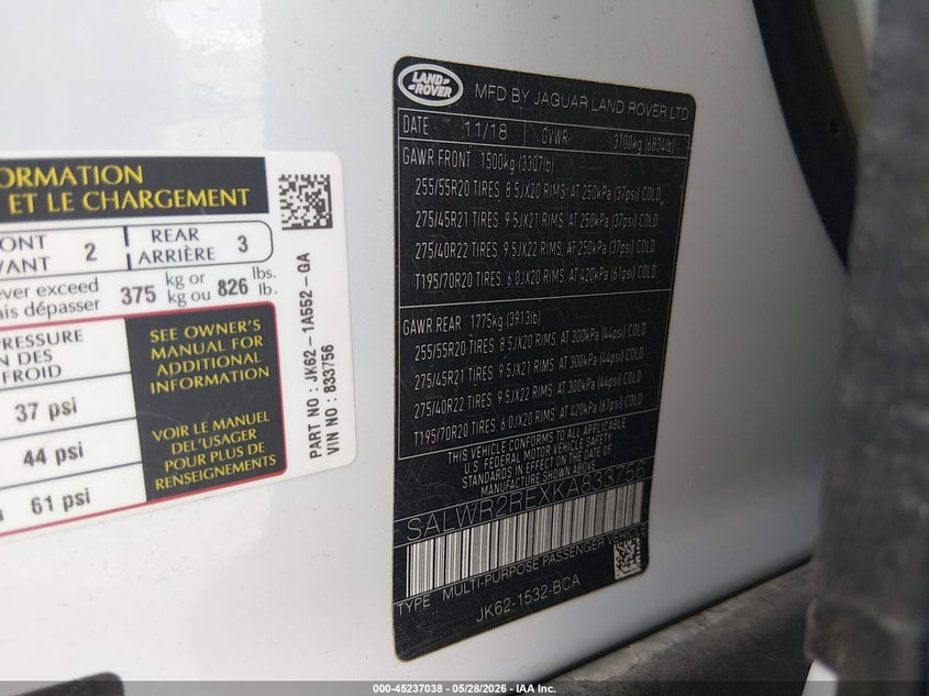 2019 Land rover Range rover sport VIN SALWR2REXKA833756 IAAI salvage auction — FRONT END, Salvage (New Mexico), sold $11,200 on 2026-07-06 (photo 9)