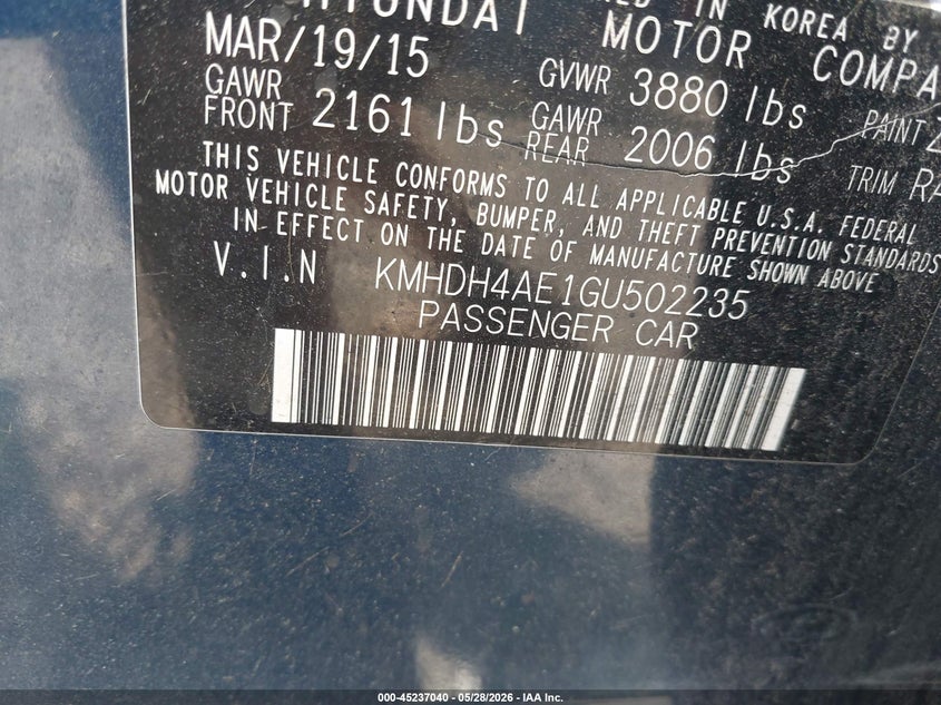 2016 Hyundai Elantra VIN KMHDH4AE1GU502235 IAAI salvage auction — NORMAL WEAR, Salvage (Texas), sold $500 on 2026-07-22 (photo 9)