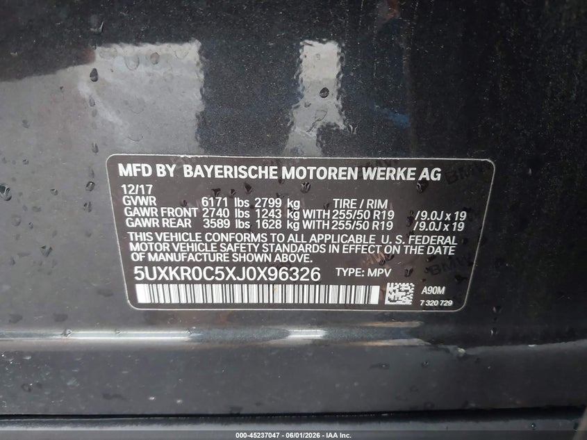 2018 BMW X5 VIN 5UXKR0C5XJ0X96326 IAAI salvage auction — FRONT END, Salvage (Nebraska), sold $6,600 on 2026-07-30 (photo 9)