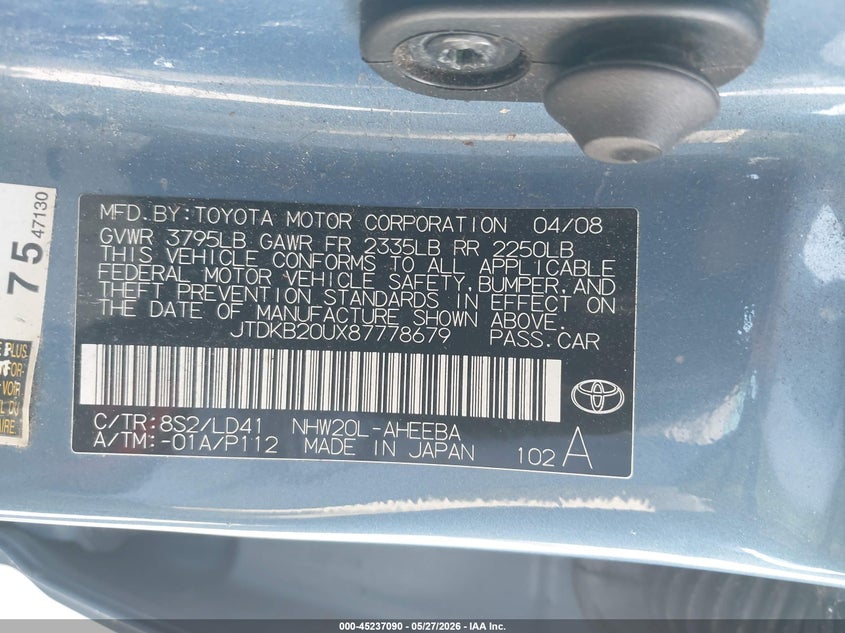 2008 Toyota Prius VIN JTDKB20UX87778679 IAAI salvage auction — NORMAL WEAR, Clear - Dealer Only (California), sold $550 on 2026-07-13 (photo 9)