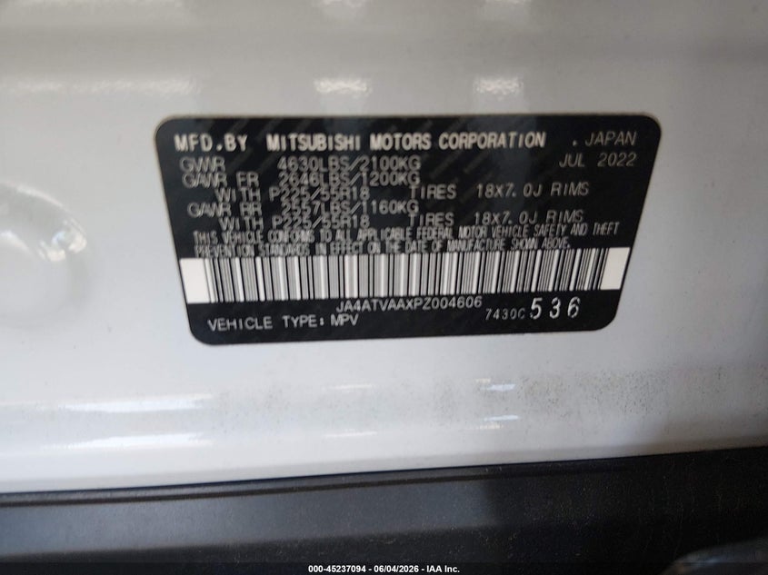 2023 Mitsubishi Eclipse cross VIN JA4ATVAAXPZ004606 IAAI salvage auction — REAR END, Salvage Title, sold $7,600 on 2026-07-16 (photo 9)