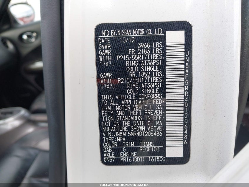 2013 Nissan Juke VIN JN8AF5MR4DT206486 IAAI salvage auction — FRONT END, Salvage Title, sold $625 on 2026-07-09 (photo 9)
