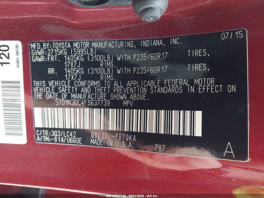 2015 Toyota Sienna VIN 5TDYK3DC4FS637739 IAAI salvage auction — REAR END, Salvage Title, sold $2,025 on 2026-07-09 (photo 9)