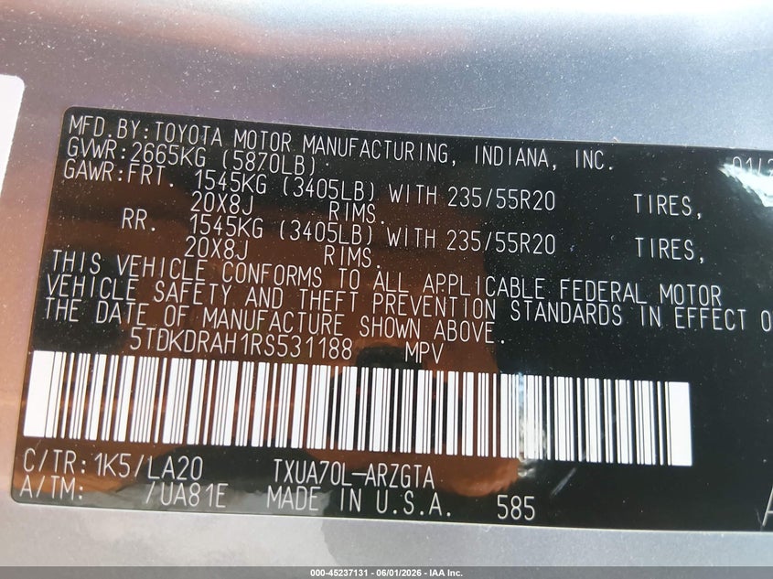 2024 Toyota Highlander VIN 5TDKDRAH1RS531188 IAAI salvage auction — LEFT SIDE, Salvage Title, sold $17,525 on 2026-07-15 (photo 9)