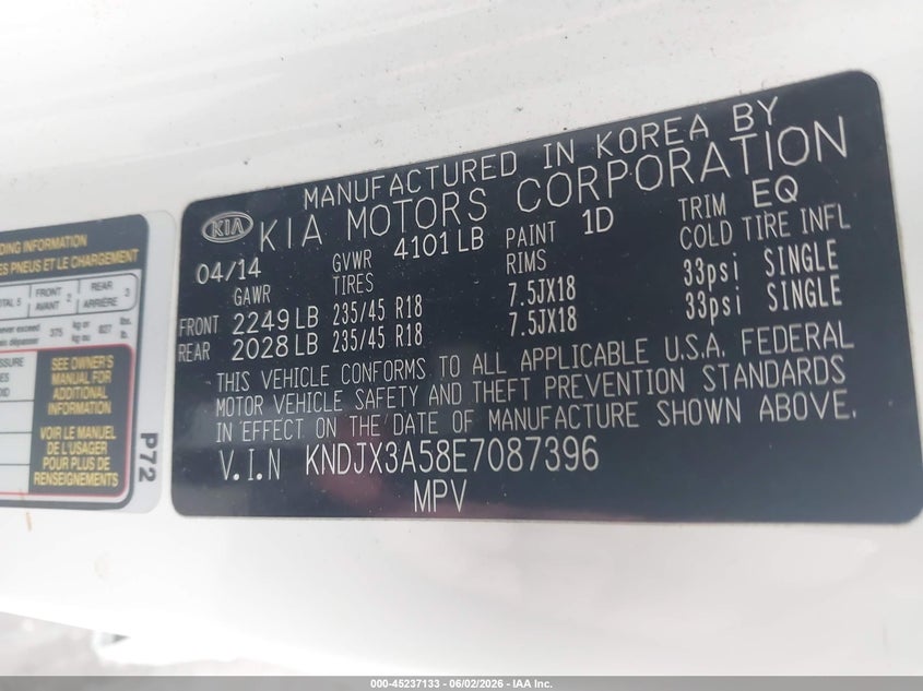 2014 Kia Soul VIN KNDJX3A58E7087396 IAAI salvage auction — LEFT SIDE, Salvage Title, sold $1,400 on 2026-07-10 (photo 9)