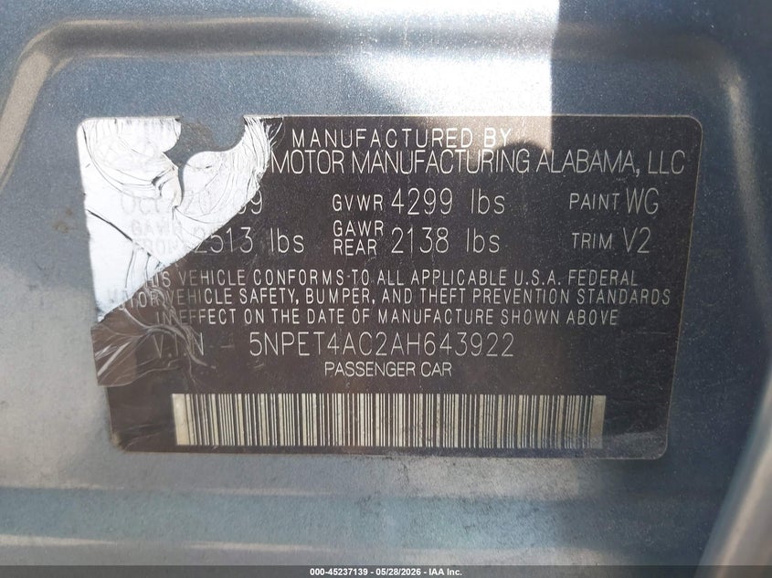 2010 Hyundai Sonata VIN 5NPET4AC2AH643922 IAAI salvage auction — RIGHT FRONT, Rebuildable (Florida), sold $525 on 2026-07-09 (photo 9)