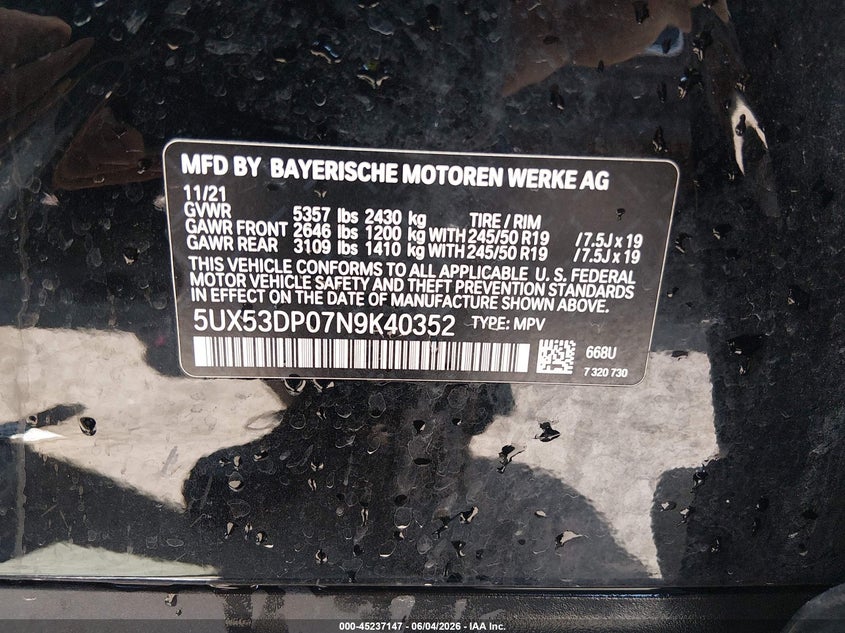 2022 BMW X3 VIN 5UX53DP07N9K40352 IAAI salvage auction — HAIL, Salvage Title, sold $17,050 on 2026-07-28 (photo 9)