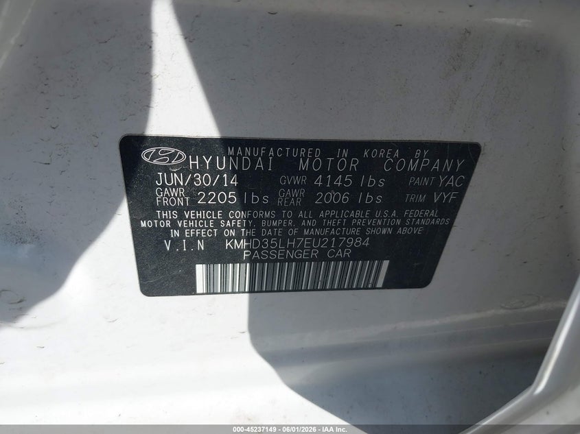 2014 Hyundai Elantra VIN KMHD35LH7EU217984 IAAI salvage auction — RIGHT FRONT, Salvage Title, sold $725 on 2026-07-07 (photo 9)