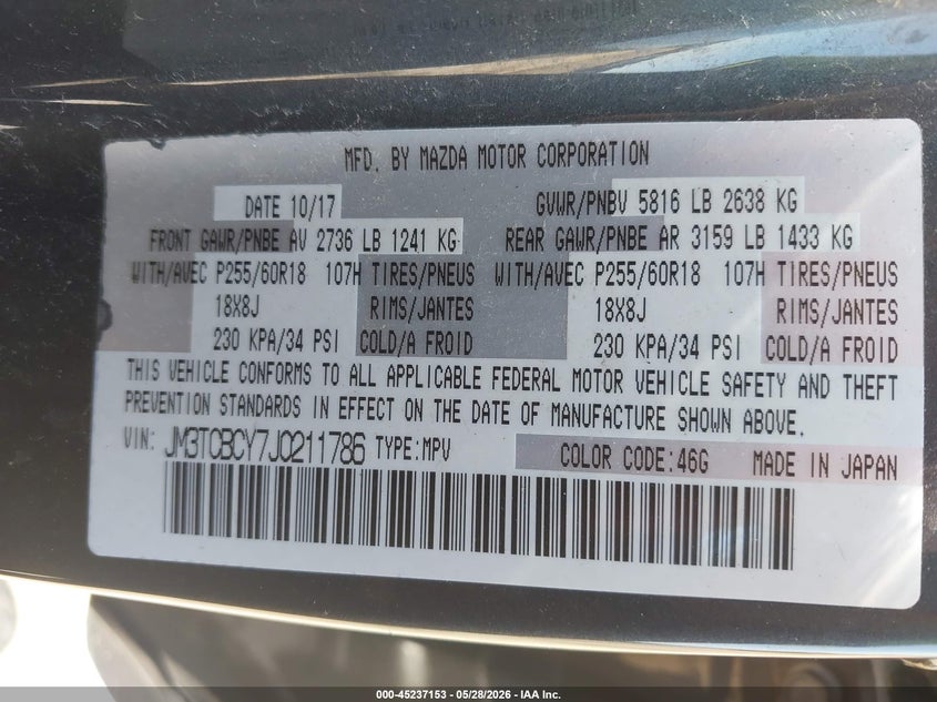 2018 Mazda Cx-9 VIN JM3TCBCY7J0211786 IAAI salvage auction — FRONT END, Salvage Title, sold $25 on 2026-07-23 (photo 9)