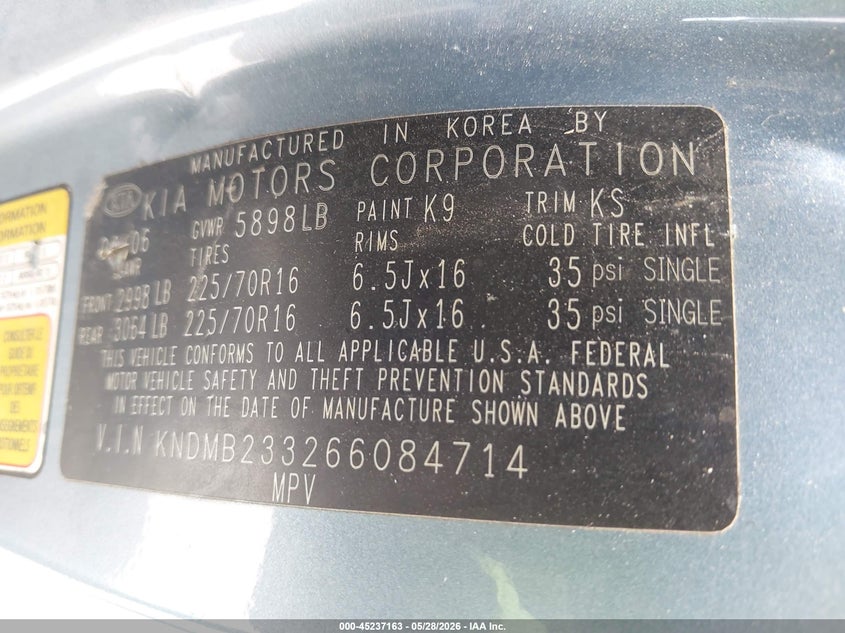 2006 Kia SEDONA VIN KNDMB233266084714 IAAI salvage auction — FRONT & REAR, Rebuildable (Florida), sold $375 on 2026-07-20 (photo 9)