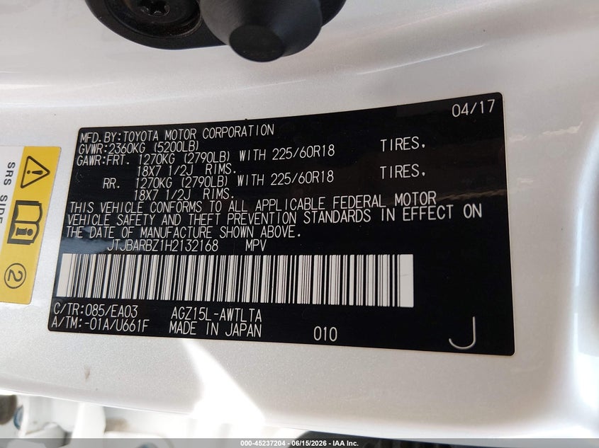 2017 Lexus Nx VIN JTJBARBZ1H2132168 IAAI salvage auction — LEFT FRONT, Salvage Title, sold $5,500 on 2026-07-28 (photo 9)