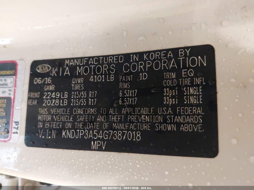2016 Kia Soul VIN KNDJP3A54G7387018 IAAI salvage auction — FRONT END, Salvage Title, sold $325 on 2026-07-07 (photo 9)