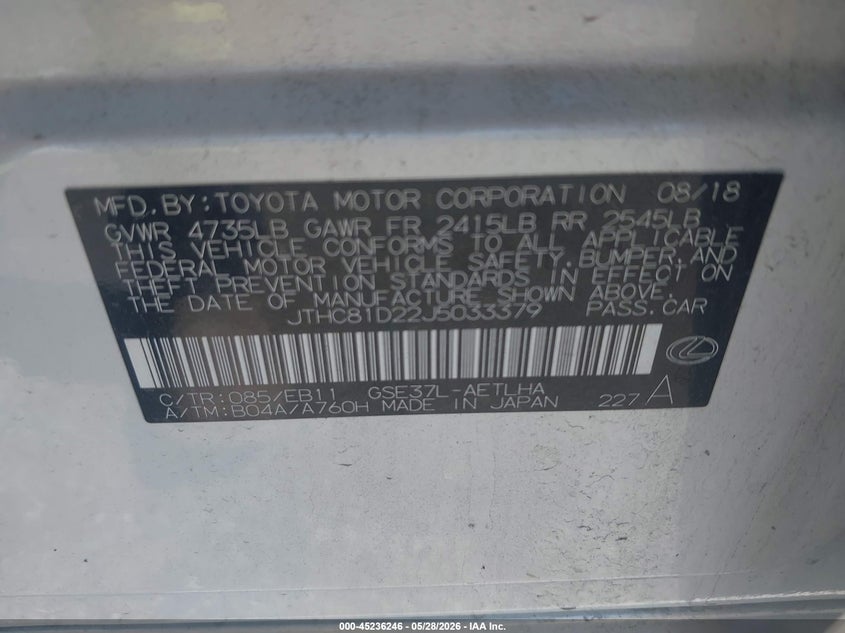 2018 Lexus Is VIN JTHC81D22J5033379 IAAI salvage auction — RIGHT SIDE, Salvage Title, sold $4,600 on 2026-07-08 (photo 9)