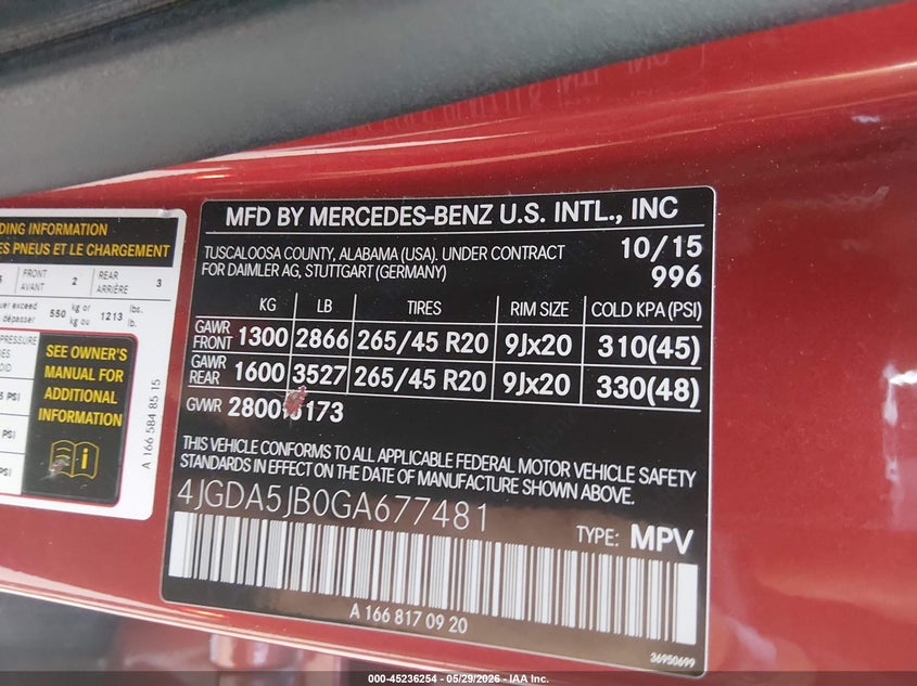 2016 Mercedes-benz Gle VIN 4JGDA5JB0GA677481 IAAI salvage auction — HAIL, Original (Texas), sold $4,000 on 2026-07-17 (photo 9)