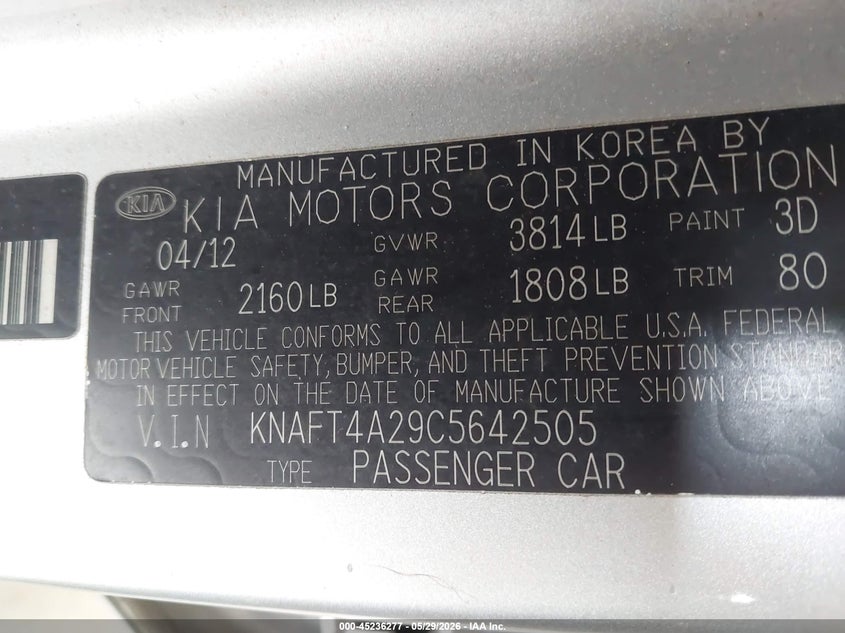 2012 Kia Forte VIN KNAFT4A29C5642505 IAAI salvage auction — REAR END, Salvage Title, sold $875 on 2026-07-20 (photo 9)